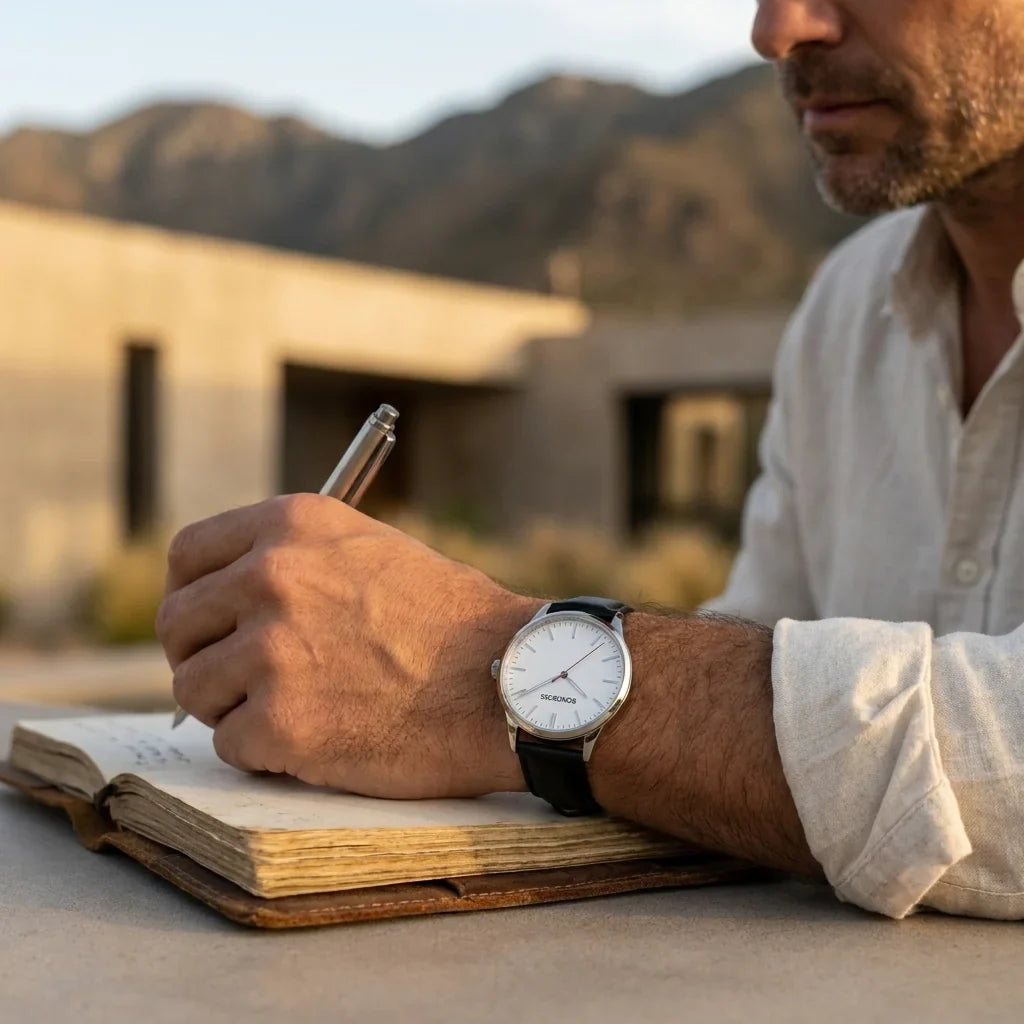 Bonoboss Correa Cuero Premium 22mm Black - lifestyle editorial modelo con reloj #editorial_ctx_lifestyle_full #color_black