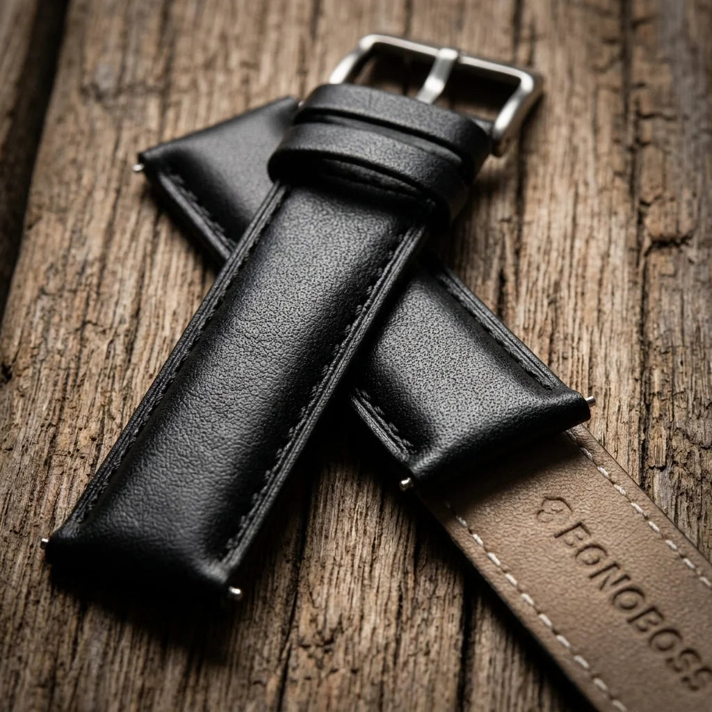 Bonoboss Correa Cuero Premium 22mm Black - macro textura material natural #editorial_ctx_macro_texture #color_black