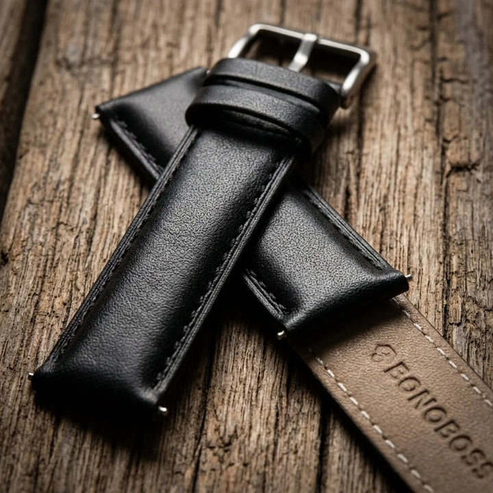 Bonoboss Correa Cuero Premium 22mm Black - macro textura material natural #editorial_ctx_macro_texture #color_black
