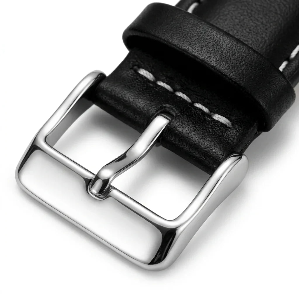Bonoboss Correa Cuero Premium 22mm Black - macro detalle hebilla plateada #editorial_wb_buckle_detail #color_black