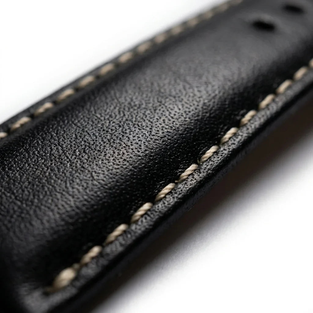 Bonoboss Correa Cuero Premium 22mm Black - macro detalle costura textura #editorial_wb_macro_stitch #color_black