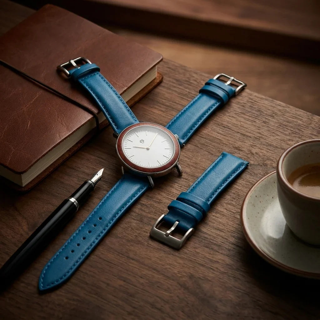 Bonoboss Correa Cuero Premium 22mm Blue - still life premium madera reloj props #editorial_ctx_premium_stilllife #color_blue