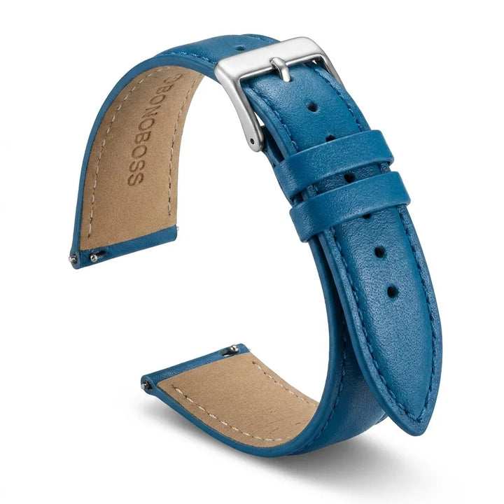 Bonoboss Correa Cuero Premium 22mm Blue - natural curl mostrando flexibilidad #editorial_wb_curled #color_blue