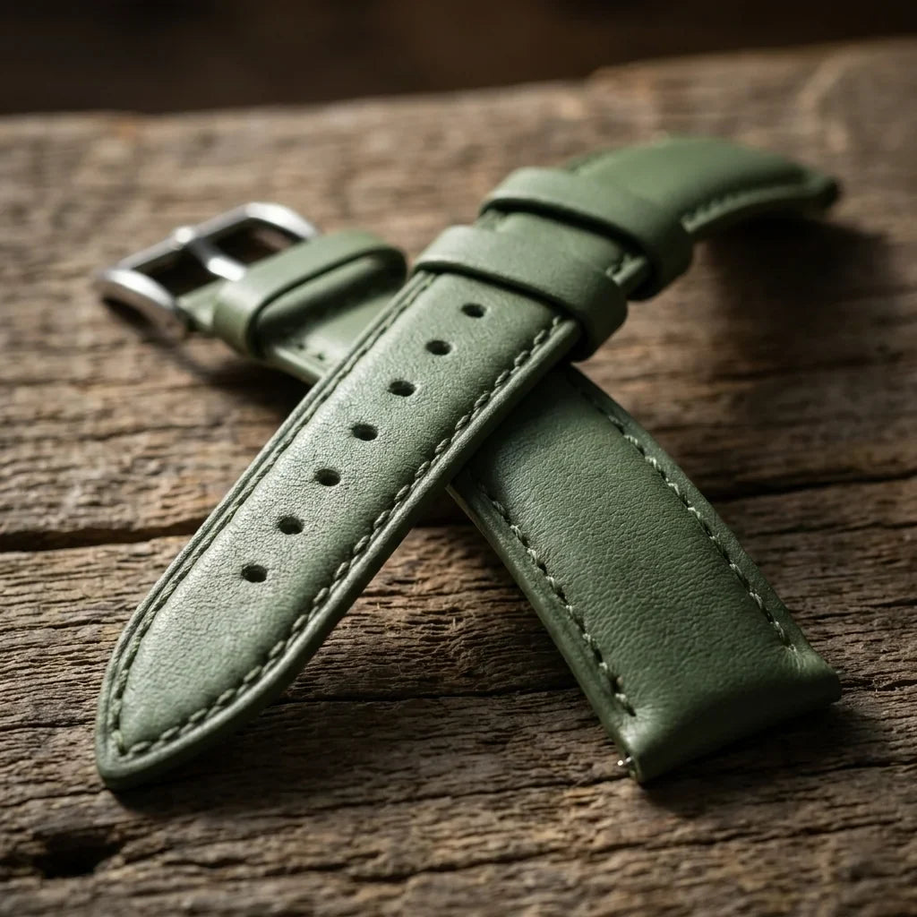 Bonoboss Correa Cuero Premium 22mm Green - macro textura material natural (v2) #editorial_ctx_macro_texture_v2 #color_green