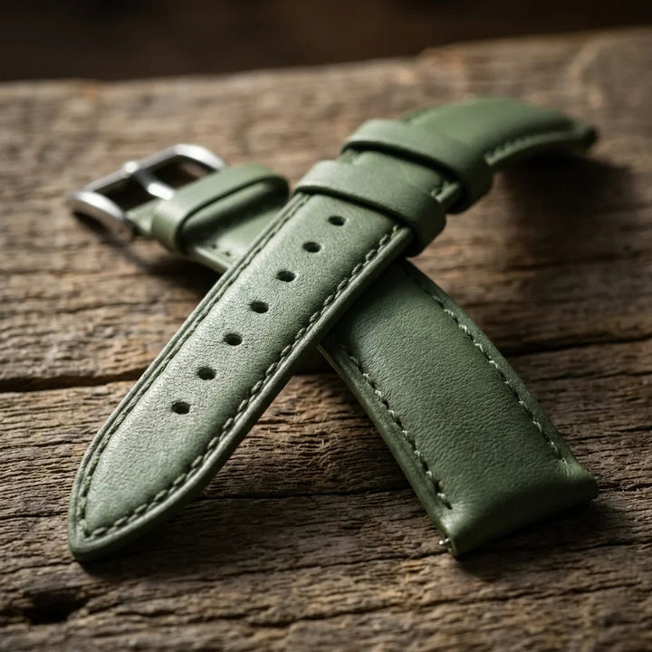 Bonoboss Correa Cuero Premium 22mm Green - macro textura material natural (v2) #editorial_ctx_macro_texture_v2 #color_green