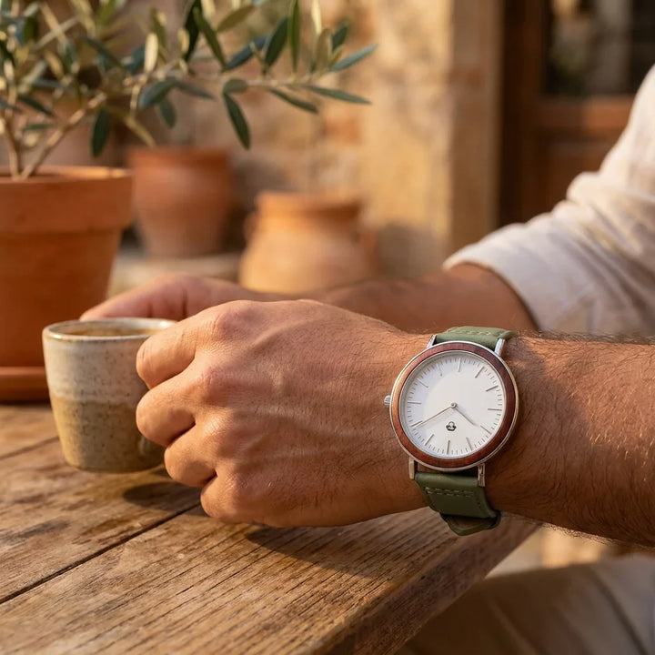 Bonoboss Correa Cuero Premium 22mm Green - lifestyle muneca con reloj Toki Bonoboss #editorial_ctx_wrist_action #color_green