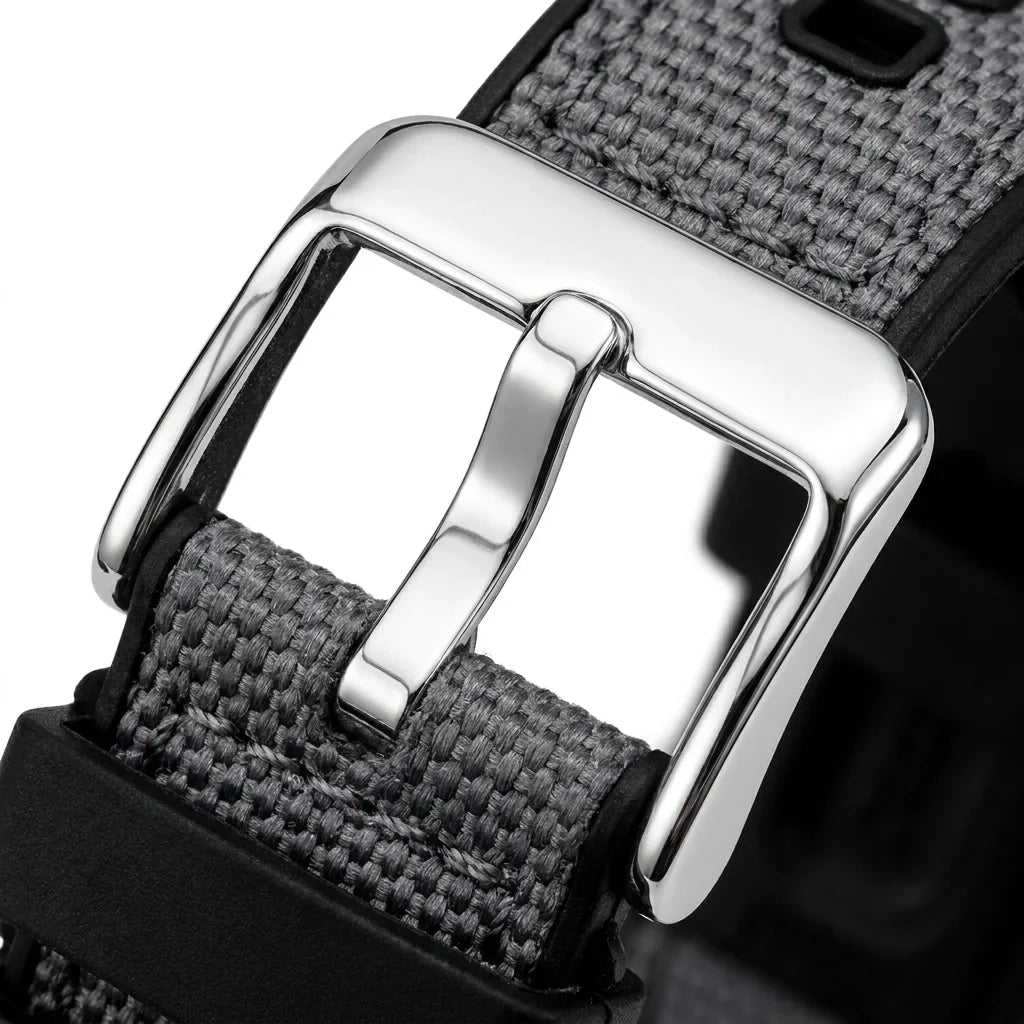 Bonoboss Correa Canvas + TPU 22mm Gris - macro detalle hebilla plateada #editorial_wb_buckle_detail #color_gris
