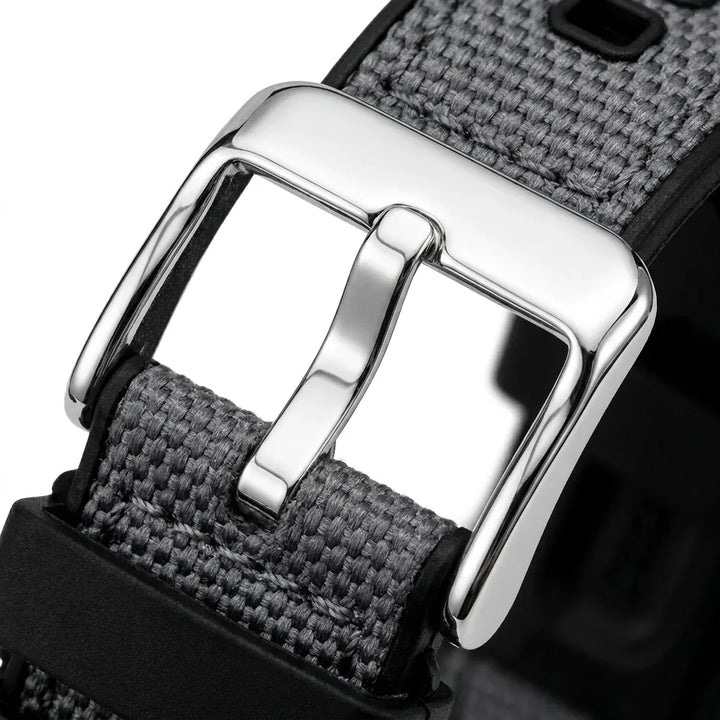 Bonoboss Correa Canvas + TPU 22mm Gris - macro detalle hebilla plateada #editorial_wb_buckle_detail #color_gris