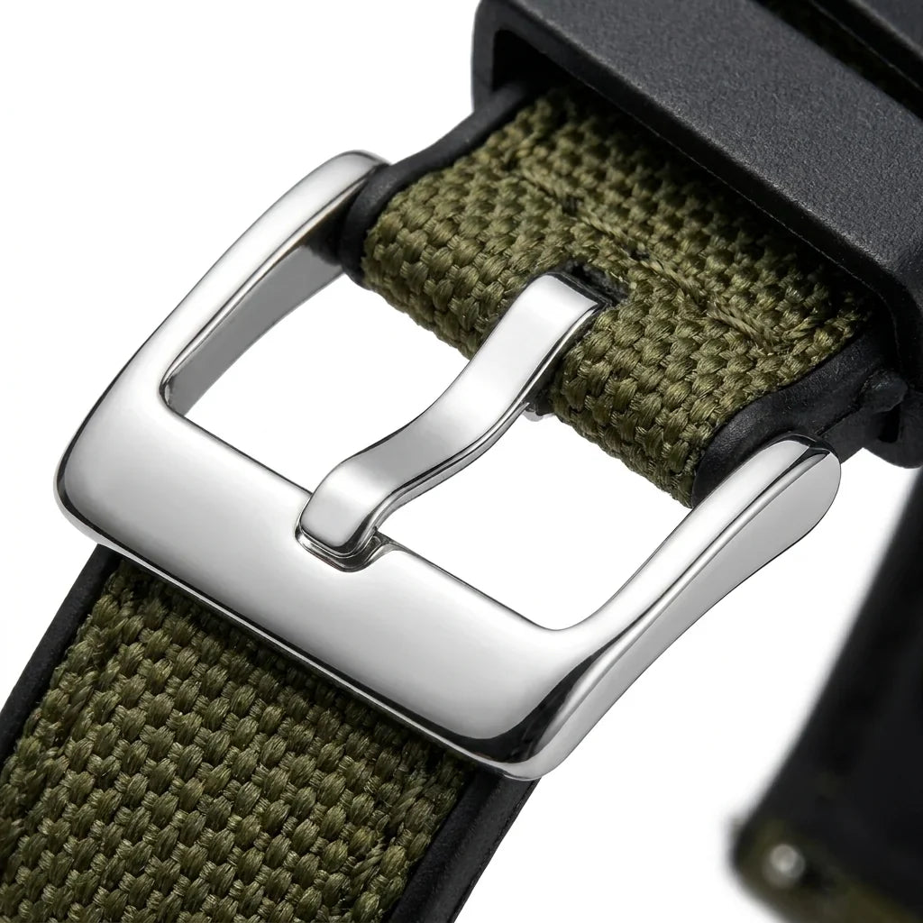 Bonoboss Correa Canvas + TPU 22mm Verde - macro detalle hebilla plateada #editorial_wb_buckle_detail #color_verde