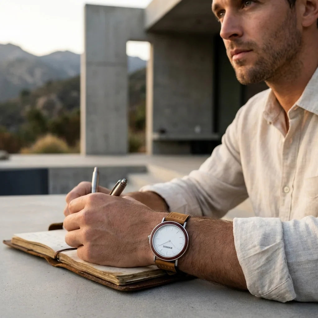 Bonoboss Correa Cuero Premium 22mm Cafe Claro - lifestyle editorial modelo con reloj #editorial_ctx_lifestyle_full #color_cafe-claro