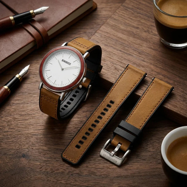Bonoboss Correa Cuero Premium 22mm Cafe Claro - still life premium madera reloj props #editorial_ctx_premium_stilllife #color_cafe-claro