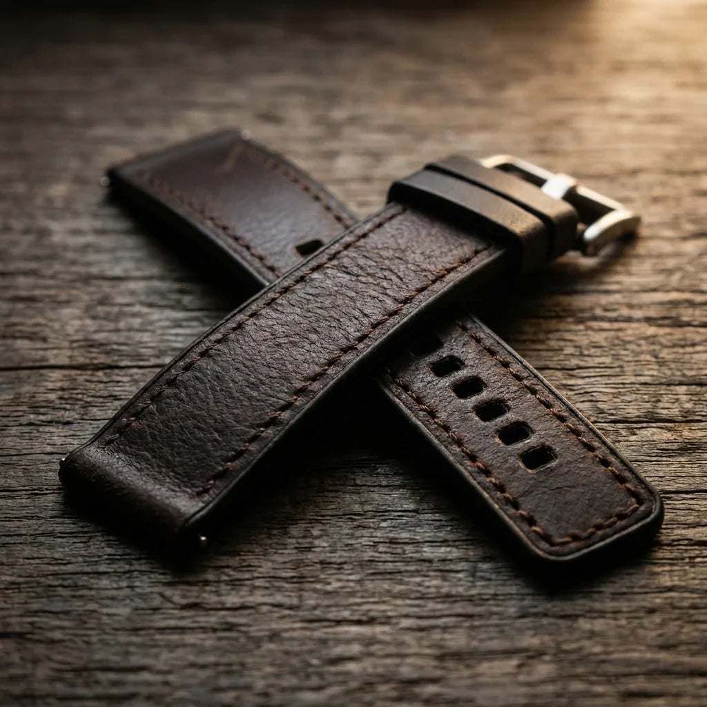 Bonoboss Correa Cuero Premium 22mm Cafe Oscuro - macro textura material natural (v2) #editorial_ctx_macro_texture_v2 #color_cafe-oscuro