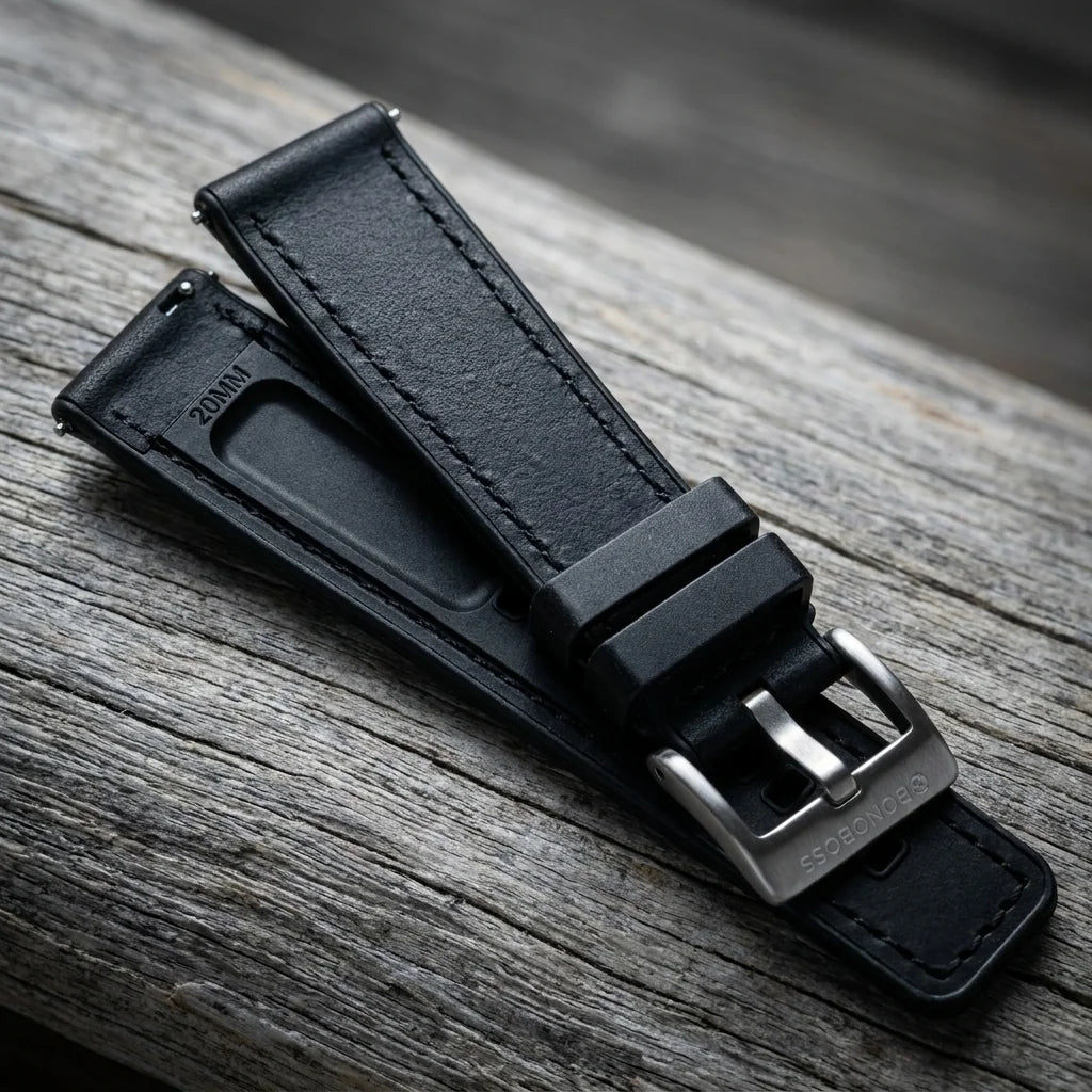 Bonoboss Correa Cuero Premium 22mm Negro - macro textura material natural #editorial_ctx_macro_texture #color_negro