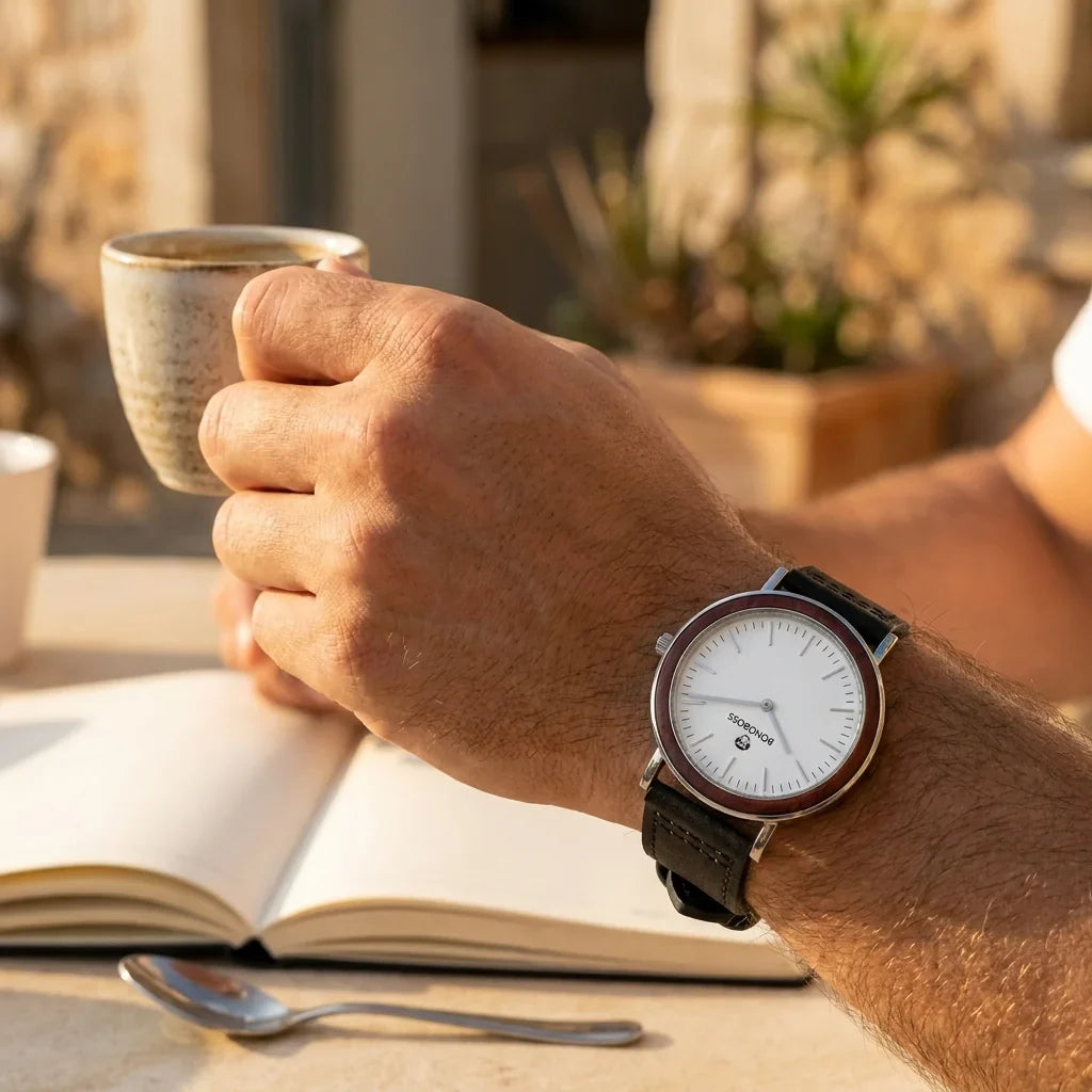 Bonoboss Correa Cuero Premium 22mm Negro - lifestyle muneca con reloj Toki Bonoboss #editorial_ctx_wrist_action #color_negro