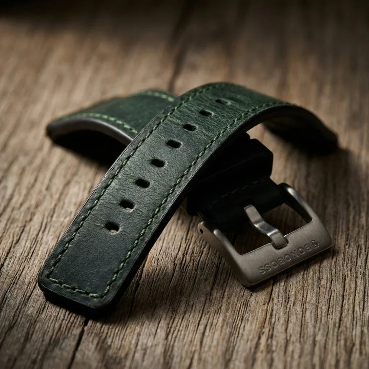Bonoboss Correa Cuero Premium 22mm Verde - macro textura material natural (v2) #editorial_ctx_macro_texture_v2 #color_verde