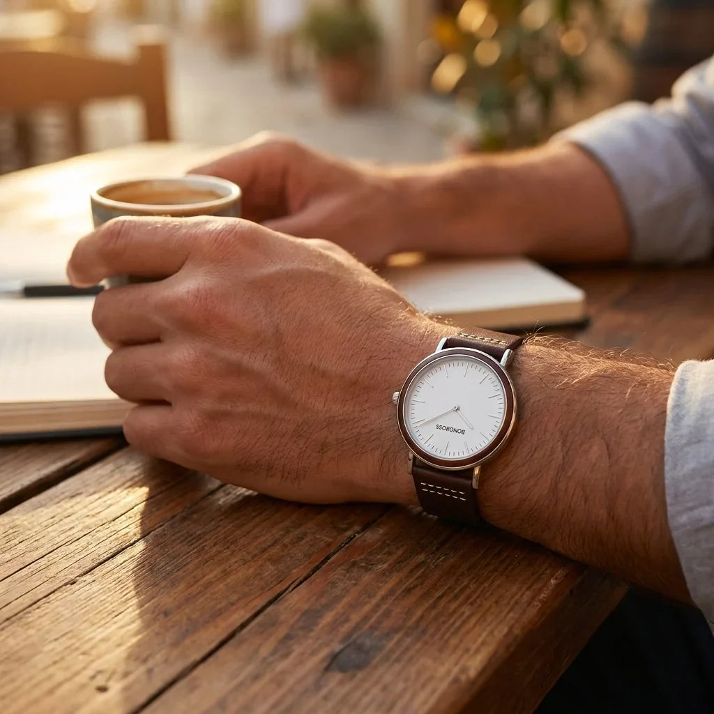 Bonoboss Correa Cuero Premium 22mm Cafe - lifestyle muneca con reloj Toki Bonoboss #editorial_ctx_wrist_action #color_cafe