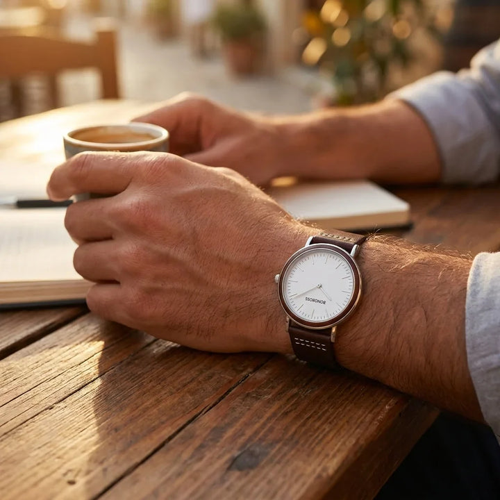 Bonoboss Correa Cuero Premium 22mm Cafe - lifestyle muneca con reloj Toki Bonoboss #editorial_ctx_wrist_action #color_cafe