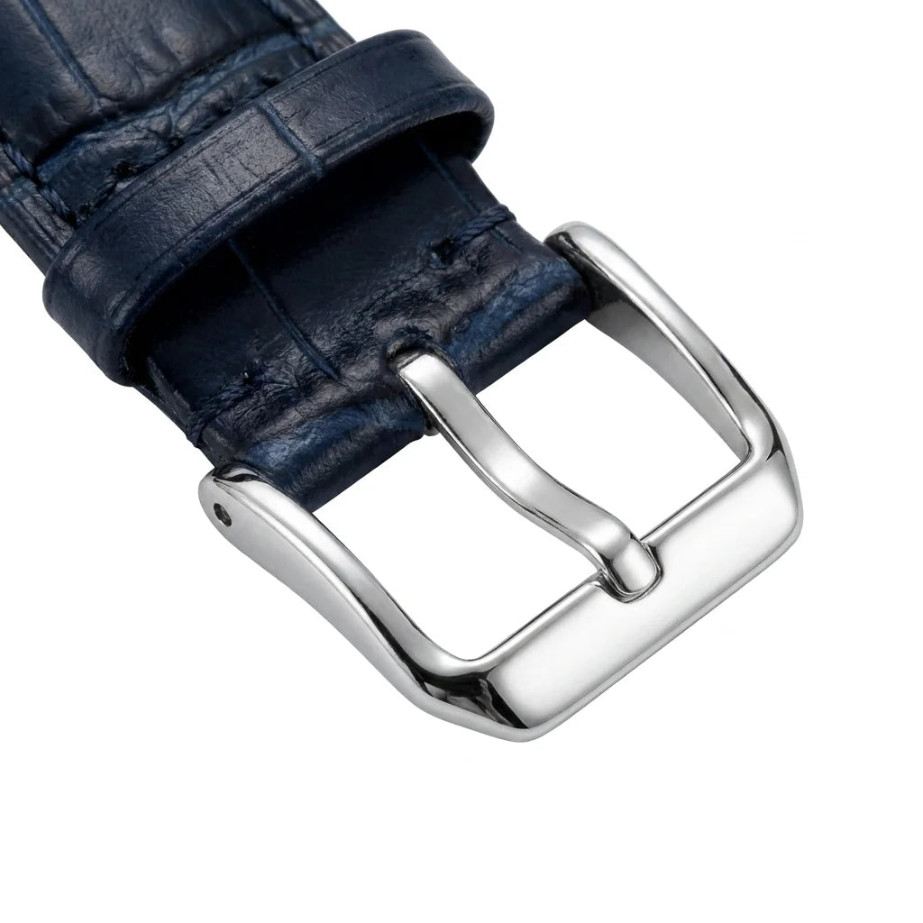 Bonoboss Correa Cuero Premium 22mm Azul - macro detalle hebilla plateada #editorial_wb_buckle_detail #color_azul