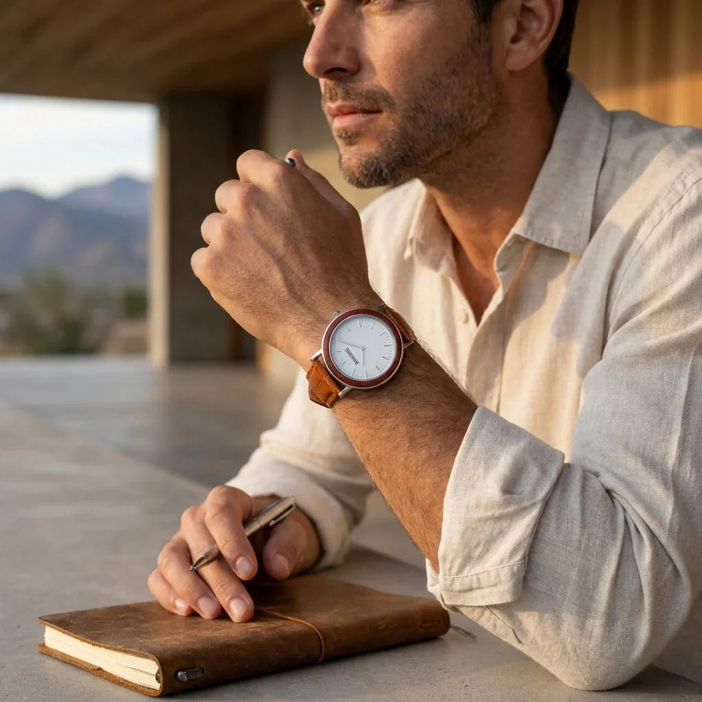 Bonoboss Correa Cuero Premium 22mm Cafe Claro - lifestyle editorial modelo con reloj #editorial_ctx_lifestyle_full #color_cafe-claro
