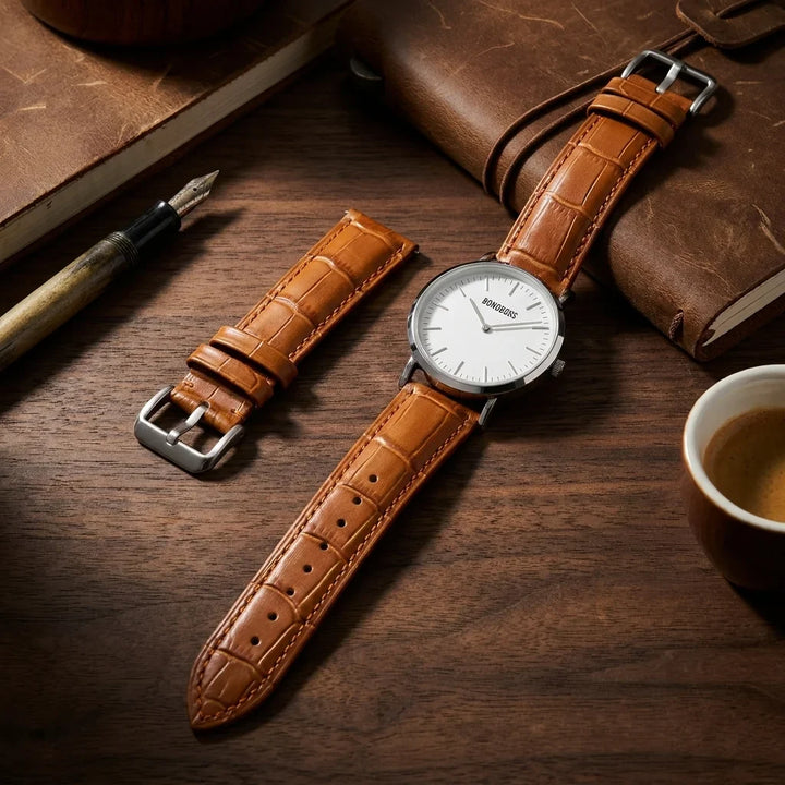 Bonoboss Correa Cuero Premium 22mm Cafe Claro - still life premium madera reloj props #editorial_ctx_premium_stilllife #color_cafe-claro
