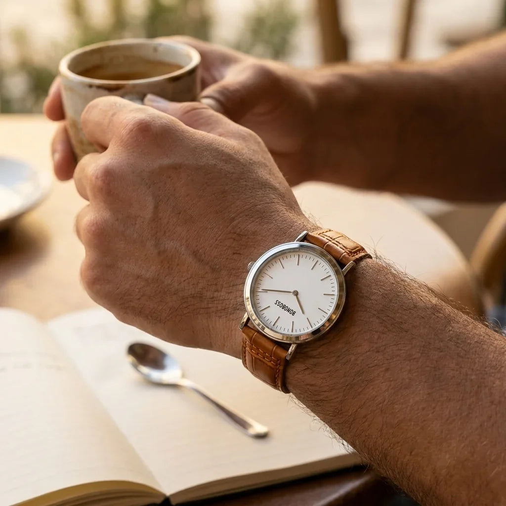 Bonoboss Correa Cuero Premium 22mm Cafe Claro - lifestyle muneca con reloj Toki Bonoboss #editorial_ctx_wrist_action #color_cafe-claro