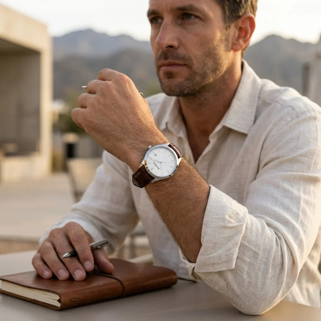 Bonoboss Correa Cuero Premium 22mm Cafe Oscuro - lifestyle editorial modelo con reloj #editorial_ctx_lifestyle_full #color_cafe-oscuro