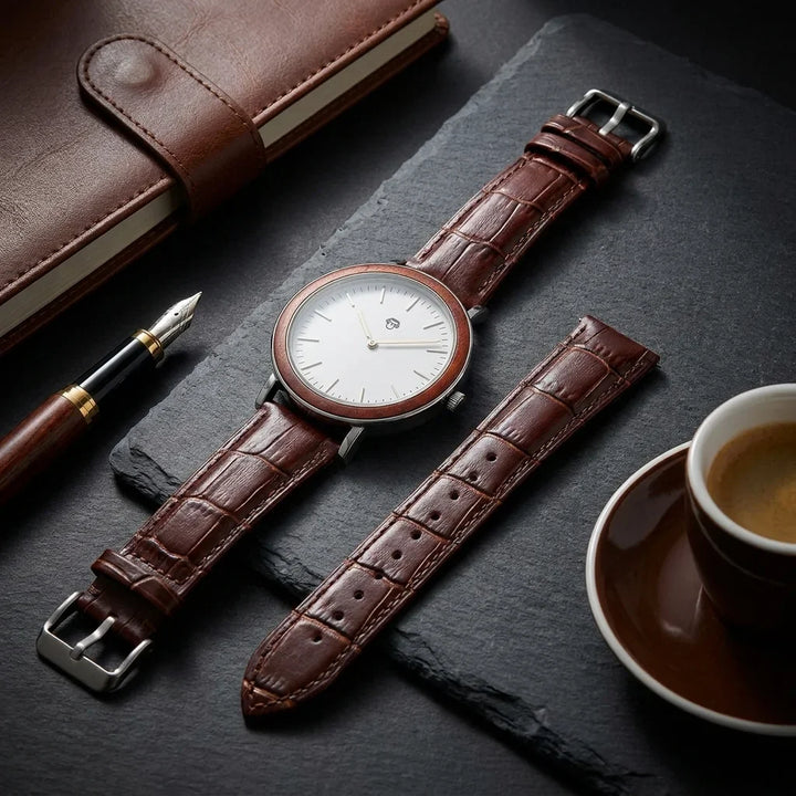 Bonoboss Correa Cuero Premium 22mm Cafe Oscuro - still life premium madera reloj props #editorial_ctx_premium_stilllife #color_cafe-oscuro
