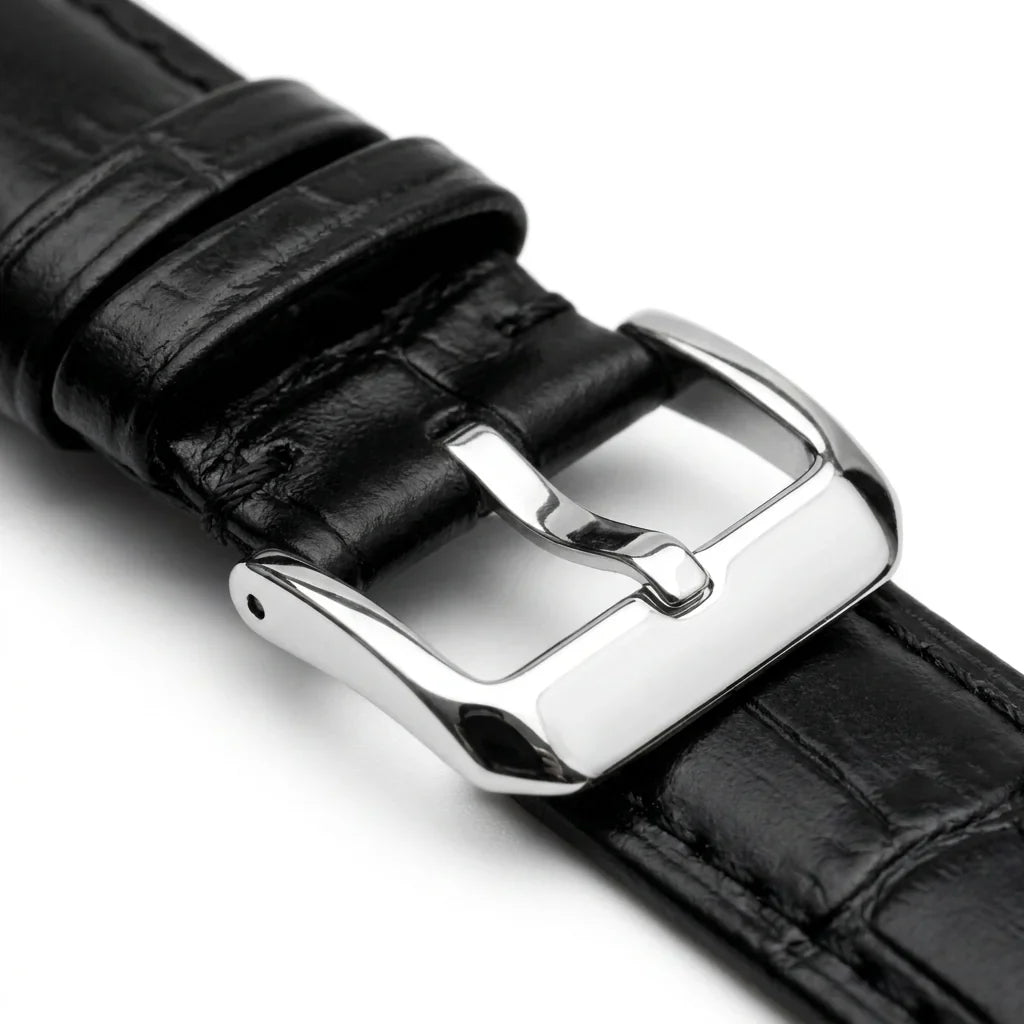 Bonoboss Correa Cuero Premium 22mm Negro - macro detalle hebilla plateada #editorial_wb_buckle_detail #color_negro