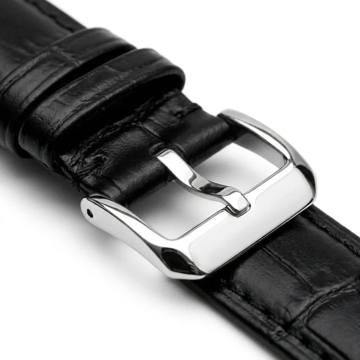 Bonoboss Correa Cuero Premium 22mm Negro - macro detalle hebilla plateada #editorial_wb_buckle_detail #color_negro