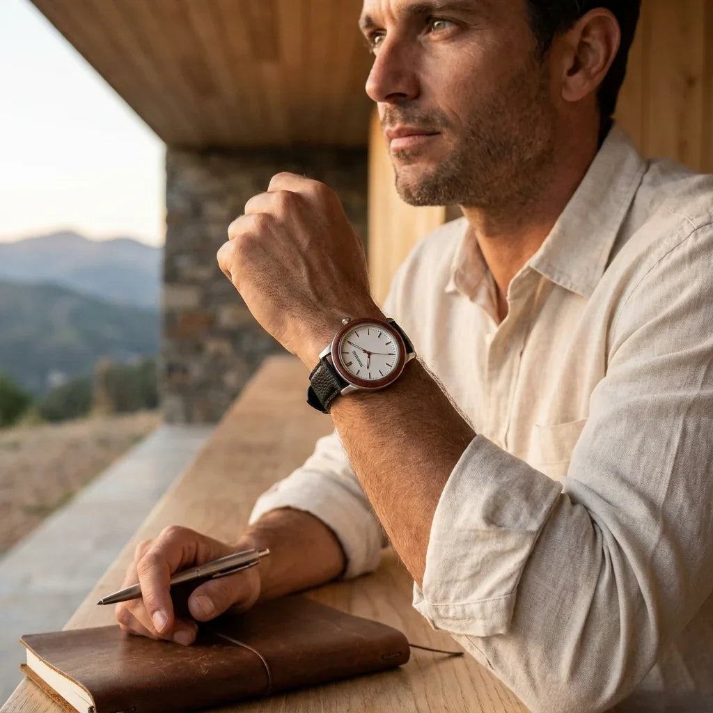 Bonoboss Correa Cuero Premium 22mm Negro - lifestyle editorial modelo con reloj #editorial_ctx_lifestyle_full #color_negro