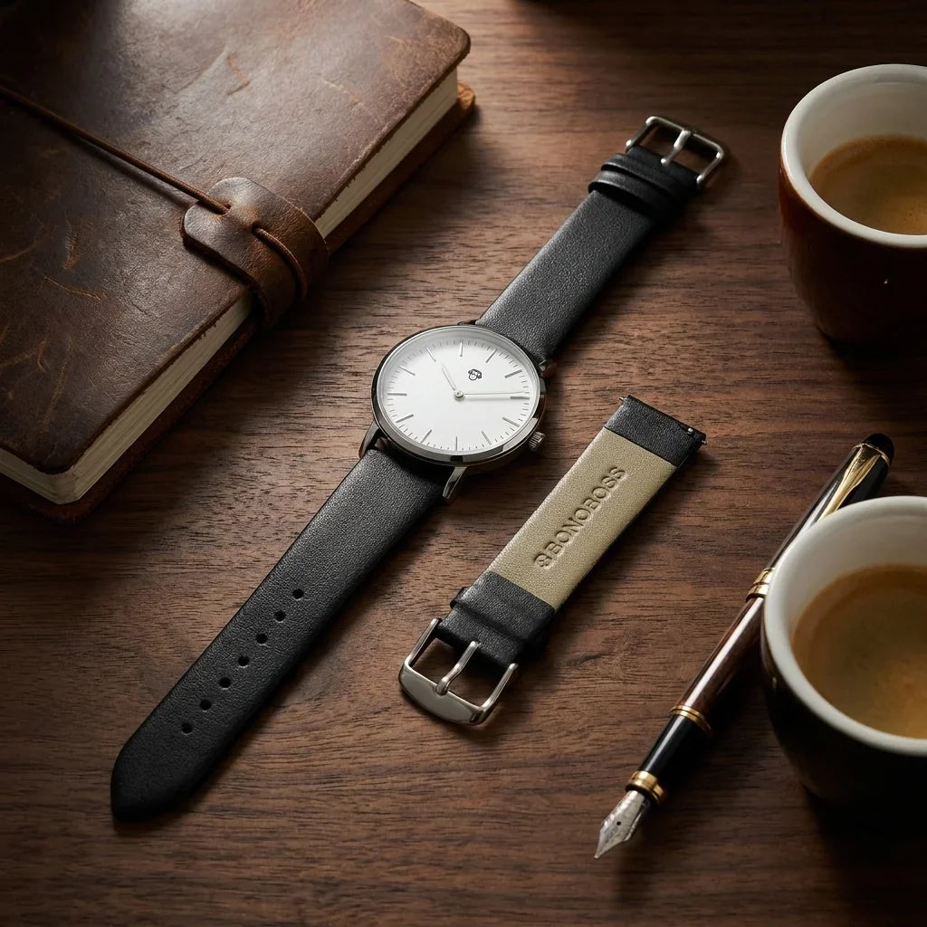 Bonoboss Correa Cuero Premium 22mm Negro - still life premium madera reloj props #editorial_ctx_premium_stilllife #color_negro