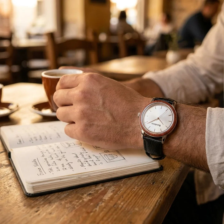 Bonoboss Correa Cuero Premium 22mm Negro - lifestyle muneca con reloj Toki Bonoboss #editorial_ctx_wrist_action #color_negro