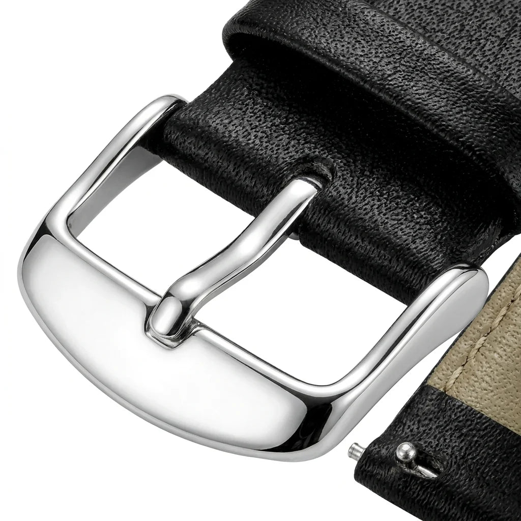 Bonoboss Correa Cuero Premium 22mm Negro - macro detalle hebilla plateada #editorial_wb_buckle_detail #color_negro