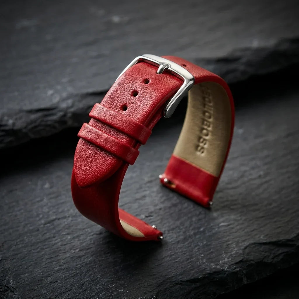Bonoboss Correa Cuero Premium 22mm Rojo - macro textura material natural (v2) #editorial_ctx_macro_texture_v2 #color_rojo