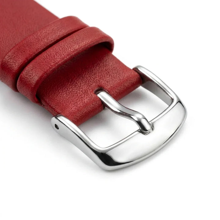 Bonoboss Correa Cuero Premium 22mm Rojo - macro detalle hebilla plateada #editorial_wb_buckle_detail #color_rojo