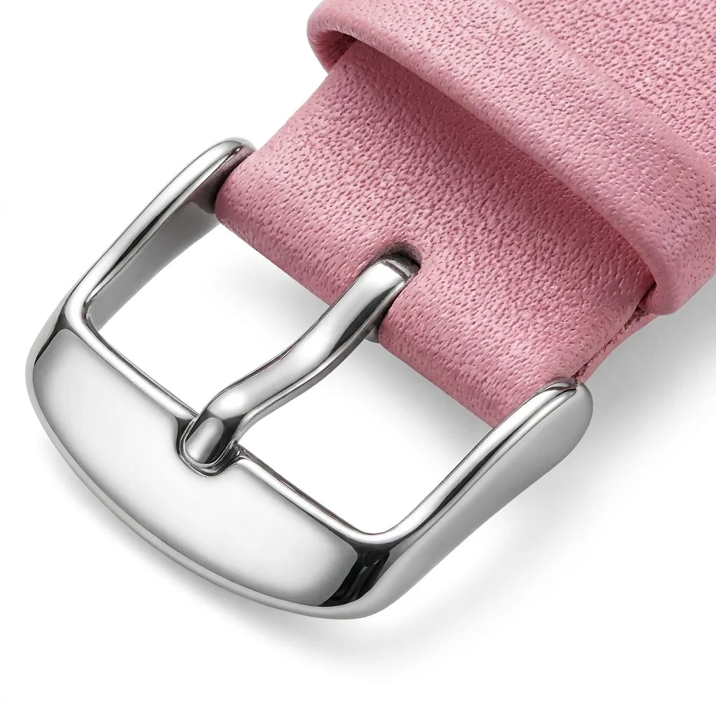 Bonoboss Correa Cuero Premium 22mm Rosado - macro detalle hebilla plateada #editorial_wb_buckle_detail #color_rosado