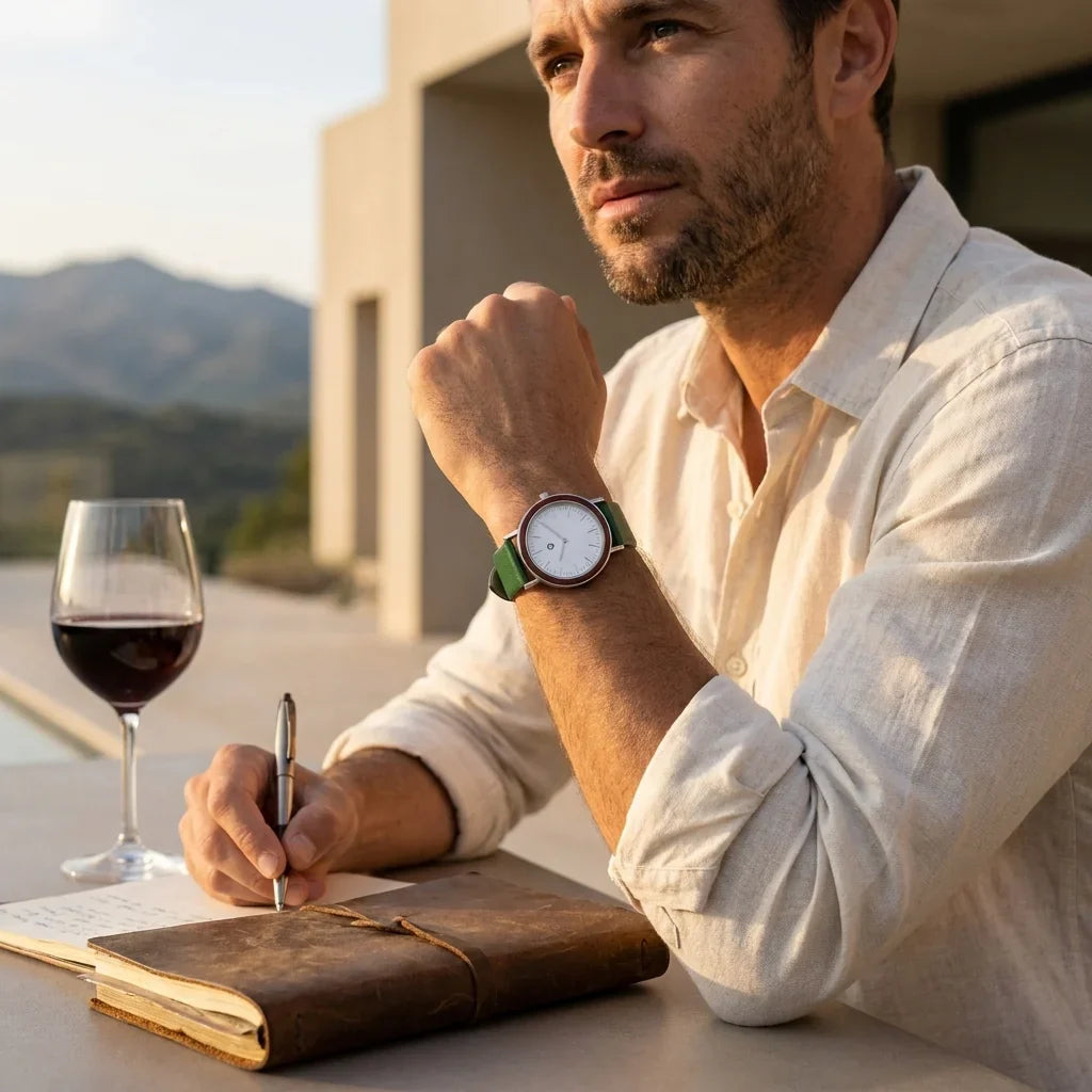 Bonoboss Correa Cuero Premium 22mm Verde - lifestyle editorial modelo con reloj #editorial_ctx_lifestyle_full #color_verde