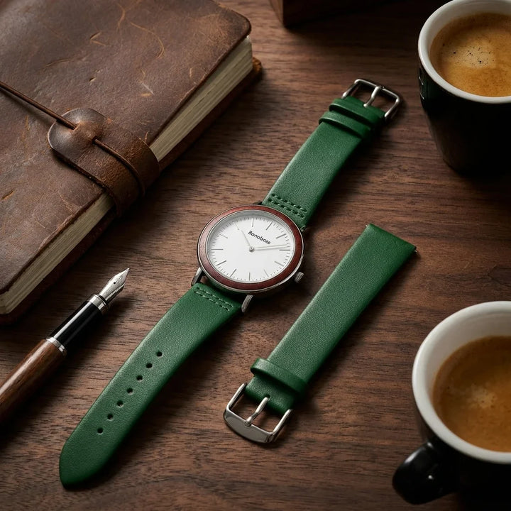 Bonoboss Correa Cuero Premium 22mm Verde - still life premium madera reloj props #editorial_ctx_premium_stilllife #color_verde