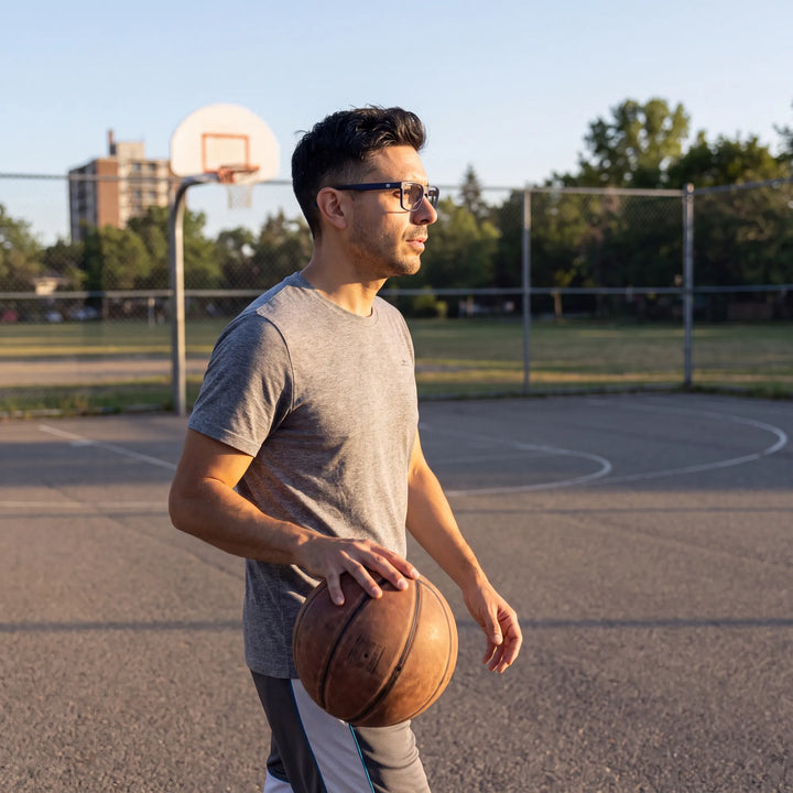 Lentes ópticos deportivos Bonoboss Jordan Azul, hombre practicando básquetbol al aire libre con el armazón puesto #editorial_modelo5 #color_azul