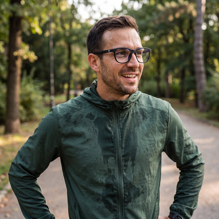 Lentes ópticos deportivos Bonoboss Lewis Negro, hombre practicando running al aire libre con el armazón puesto #editorial_modelo1 #color_negro