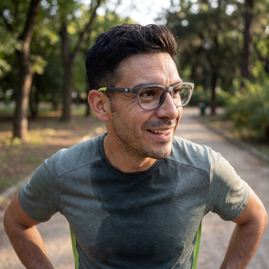 Lentes ópticos deportivos Bonoboss Lewis Verde, hombre practicando running al aire libre con el armazón puesto #editorial_modelo1 #color_verde