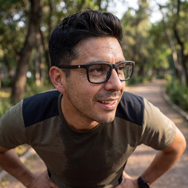 Lentes ópticos deportivos Bonoboss Phelps Negro, hombre practicando running al aire libre con el armazón puesto #editorial_modelo1 #color_negro