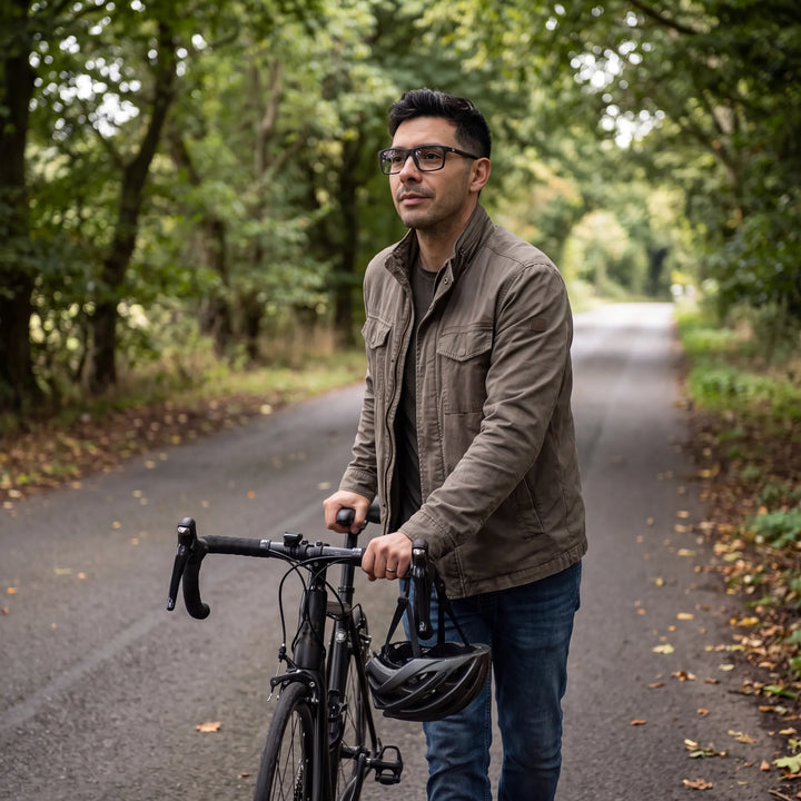 Lentes ópticos deportivos Bonoboss Phelps Rojo, hombre practicando ciclismo al aire libre con el armazón puesto #editorial_modelo4 #color_rojo