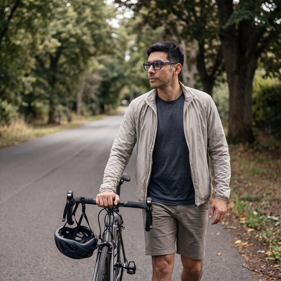 Lentes ópticos deportivos Bonoboss Senna Azul, hombre practicando ciclismo al aire libre con el armazón puesto #editorial_modelo4 #color_azul