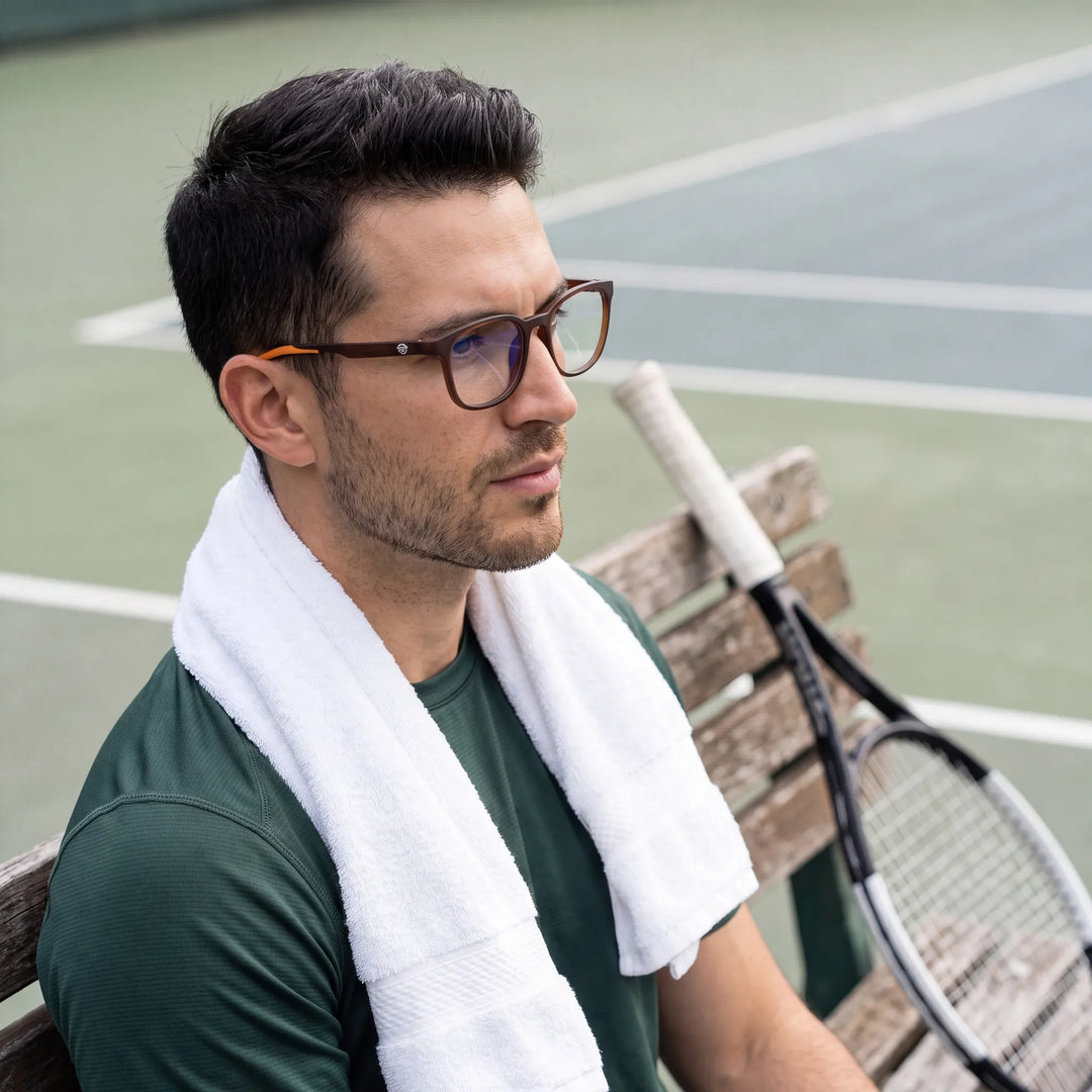 Lentes ópticos deportivos Bonoboss Serena Naranjo, hombre practicando tenis al aire libre con el armazón puesto #editorial_modelo1 #color_naranjo