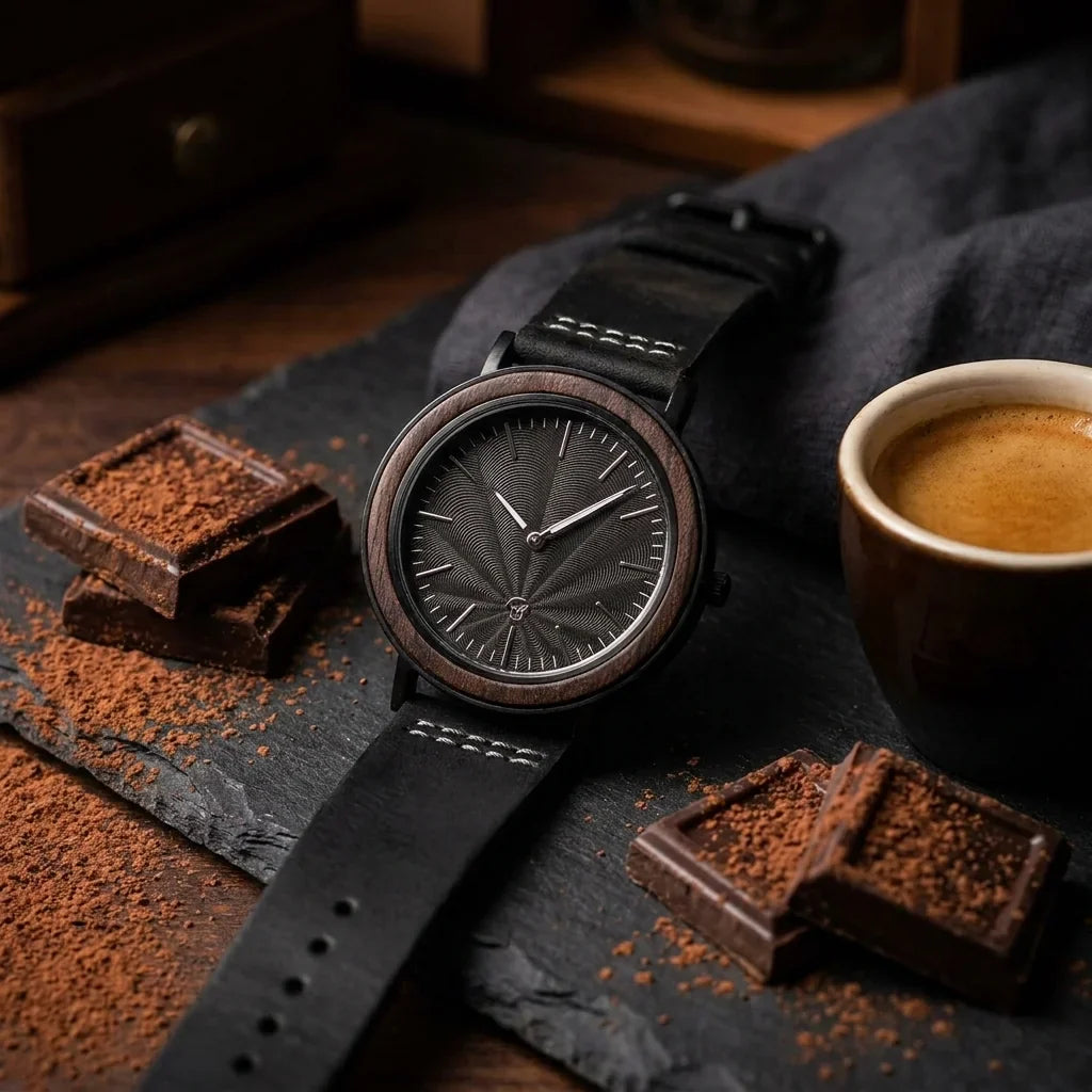 Bonoboss Toki Ébano BlackWave - reloj still life chocolate artesanal y espresso #editorial_ctx_chocolate_pairing #color_negro