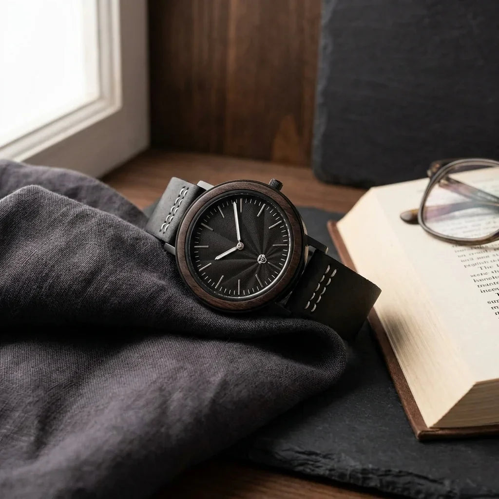 Bonoboss Toki Ébano BlackWave - reloj still life lino y libro luz natural #editorial_ctx_linen_book #color_negro
