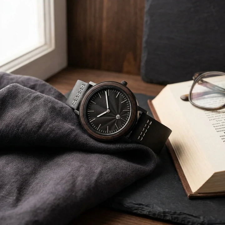 Bonoboss Toki Ébano BlackWave - reloj still life lino y libro luz natural #editorial_ctx_linen_book #color_negro