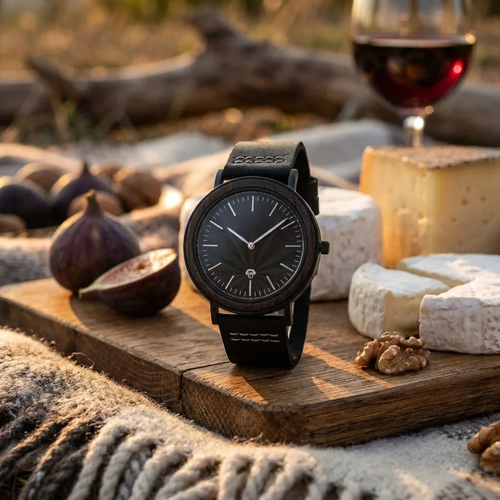Bonoboss Toki Ébano BlackWave - reloj still life picnic gourmet queso y vino #editorial_ctx_picnic_gourmet #color_negro
