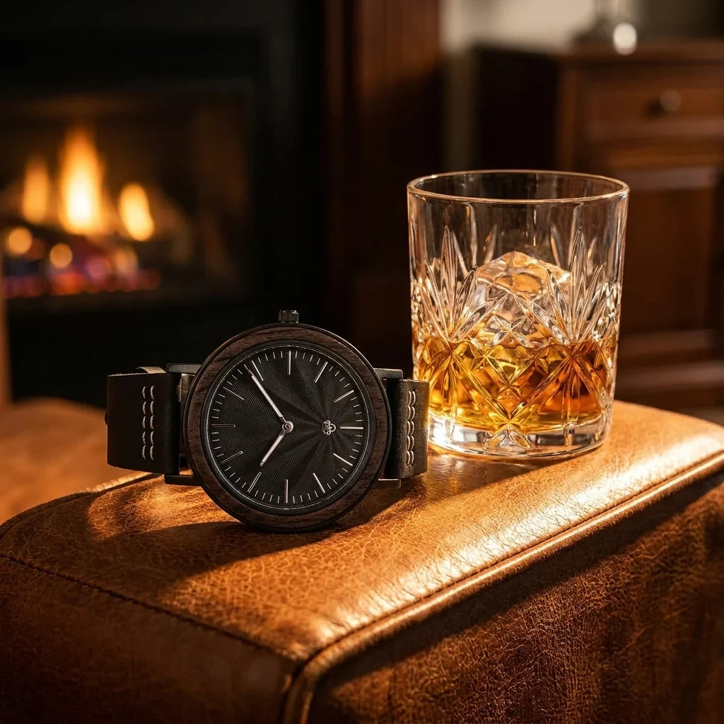 Bonoboss Toki Ébano BlackWave - reloj still life whisky y sillon de cuero #editorial_ctx_whisky_leather #color_negro